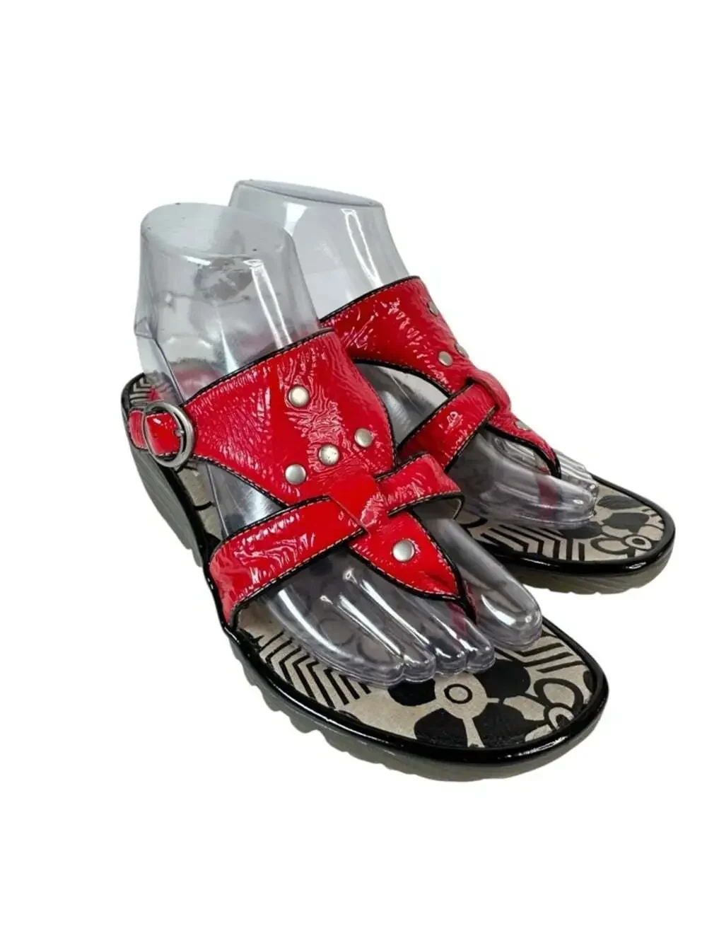 Fly London Womens Euro 37 Red Patent Platform Comfort Wedge Sandals Size 6